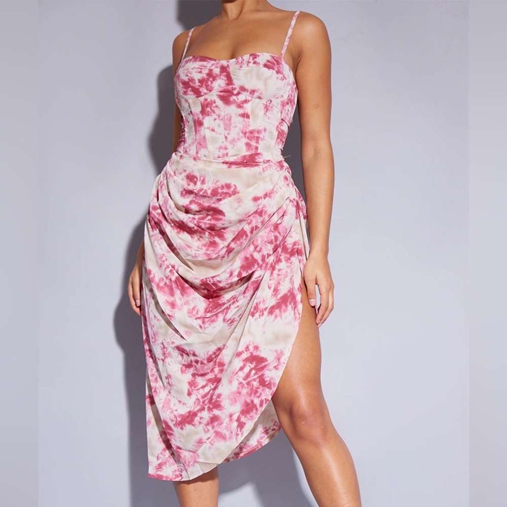 PrettyLittleThing Pink and Cream Tie-Dye Corset Skirt Set
